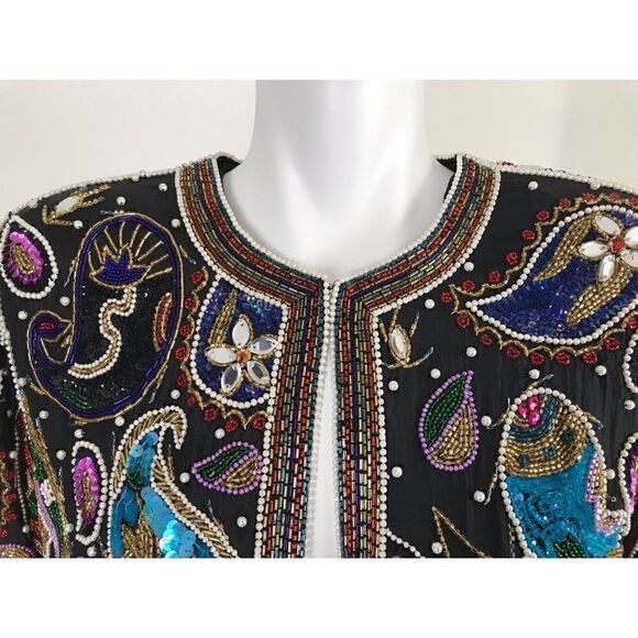 Vintage Frank Usher 70s 80s Black Sequin Beaded Silk Cardigan Jacket - Picture 9 of 13